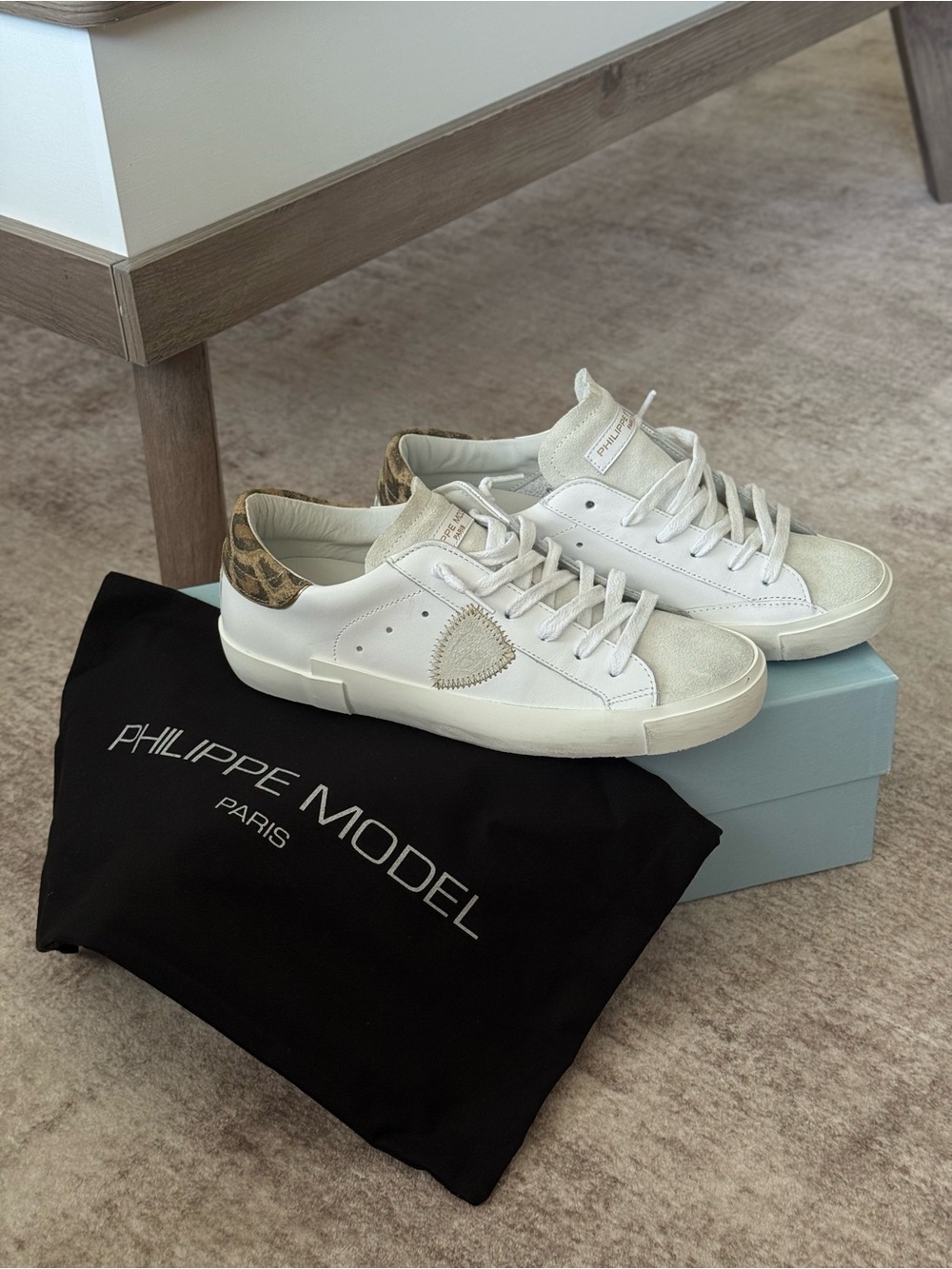 Philippe Model White Leather Low-Top Sneakers with Leopard Heel